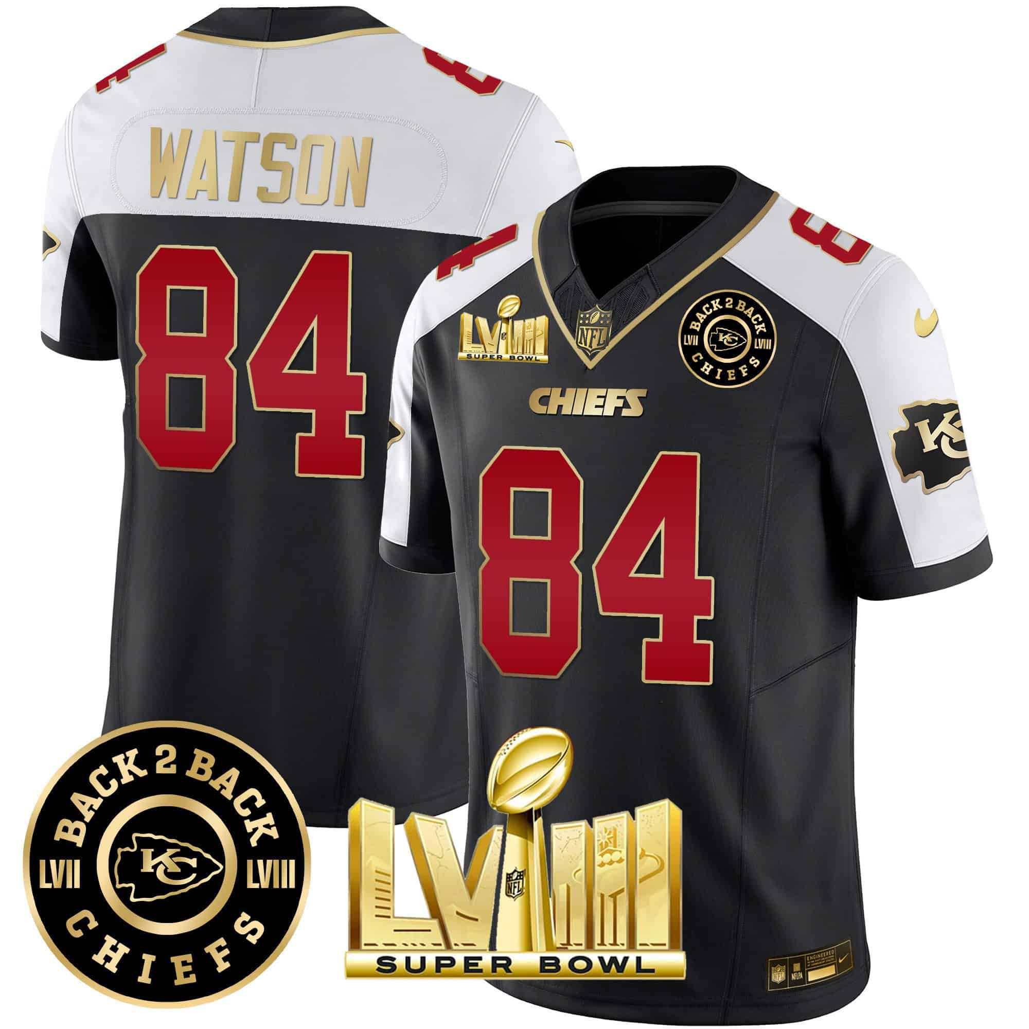 Men Kansas City Chiefs #84 Watson Black 2024 Nike Super Bowl LVIII & Back-2-Back Patch Vapor NFL Jersey